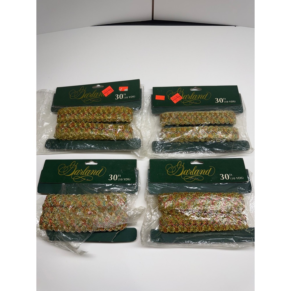 Vintage Garland Christmas TreeTrim Gold Red Green Metallic Braid 120ft Total 4pk